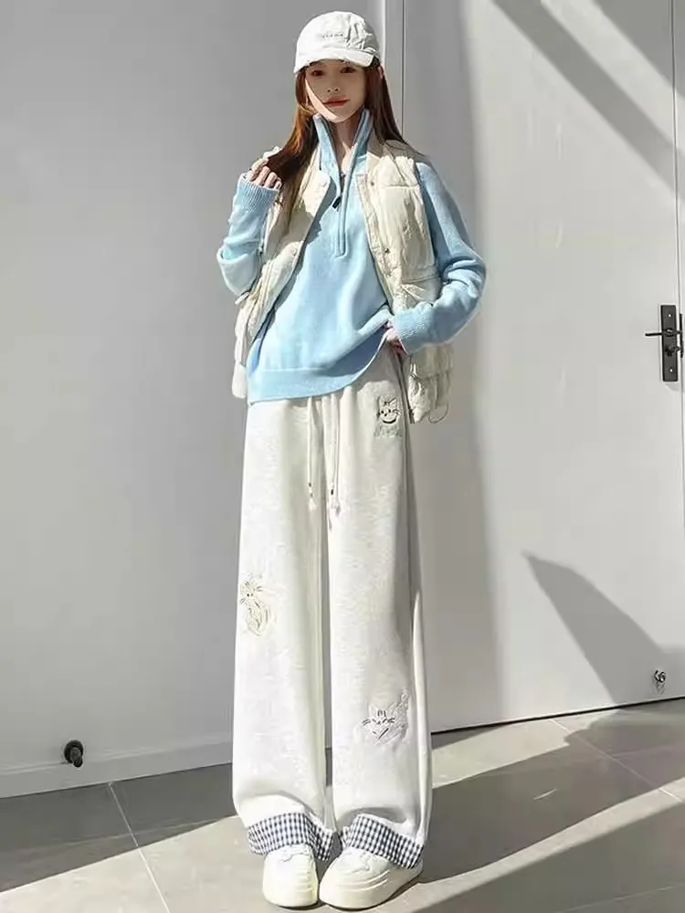 미국 만화 프린트 체크무늬 루즈핏 여성 스포츠 스웨트팬츠 가을 겨울 슬림 와이드 레그 팬츠 하이웨이스트 스트레이트...