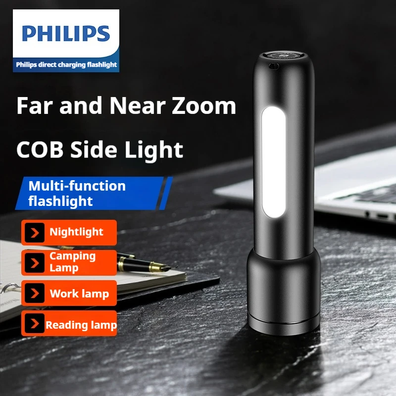 Philips SFL1123 Rechargeable Lamp Zoom Flashlight with Side Light EDC Portable Flashlight Rechargeable LED Flashlights for Camp