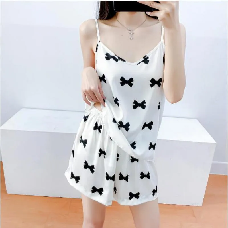 

Print Bow Cami&Short Suit Summer 2PCS Pajamas Set Women Outfits Satin Sleepwear V-Neck Thin Nightwear Casual Home Clothes