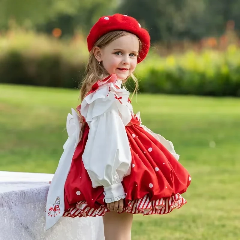 2025New Girls Lolita Group Children Autumn Red Cartoon Mushroom High Quality  One-Piece Costume Skirt Clothes Kids Party