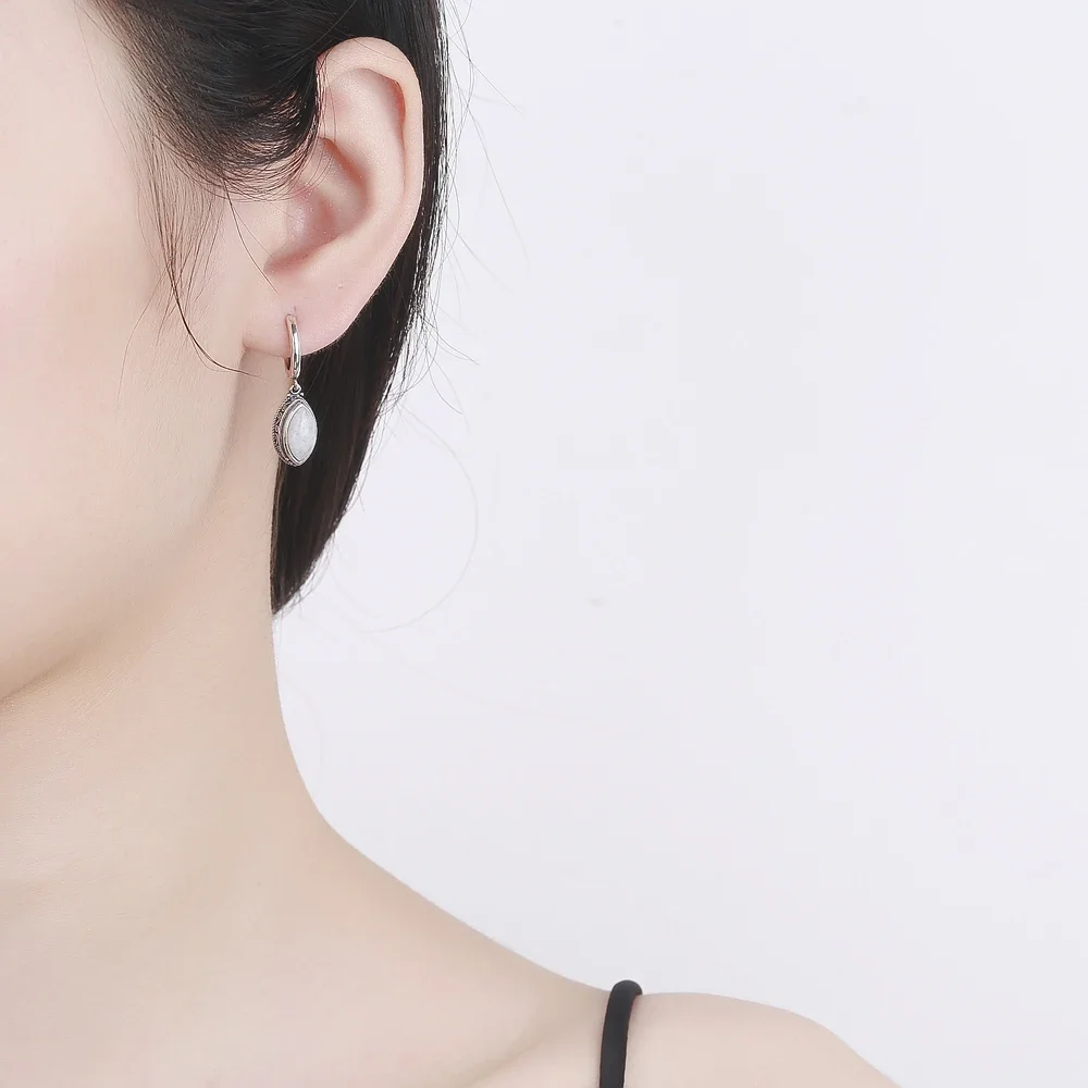 Natural Moonstone Pendant Earrings Silver Plated Jewelry for Women Fashion Retro Texture Wedding Party Accessories Gift