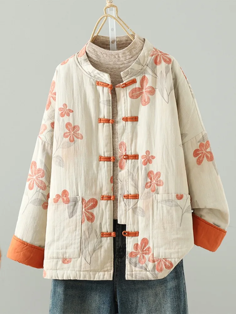 

Retro Cotton Linen Print Women's Jaet Winter Button up Collar Thiened Coat Warm Cotton Filled Outerwear Long Sve