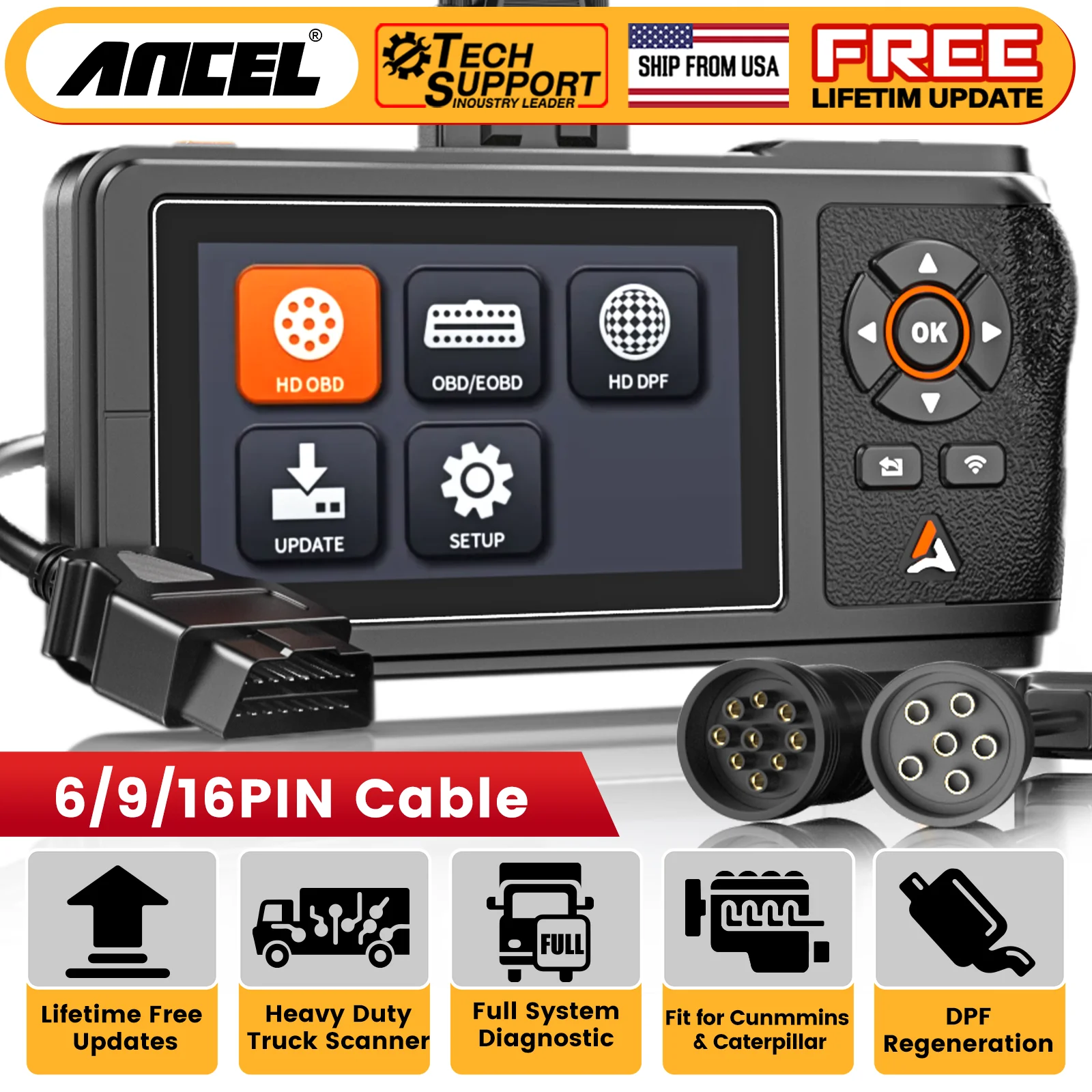 ANCEL HD431 Heavy Duty Truck Scanner 2025 New Diesel Diagnostic Scan Tool DPF Regen and Reset for Detroit Paccar Lifetime Free