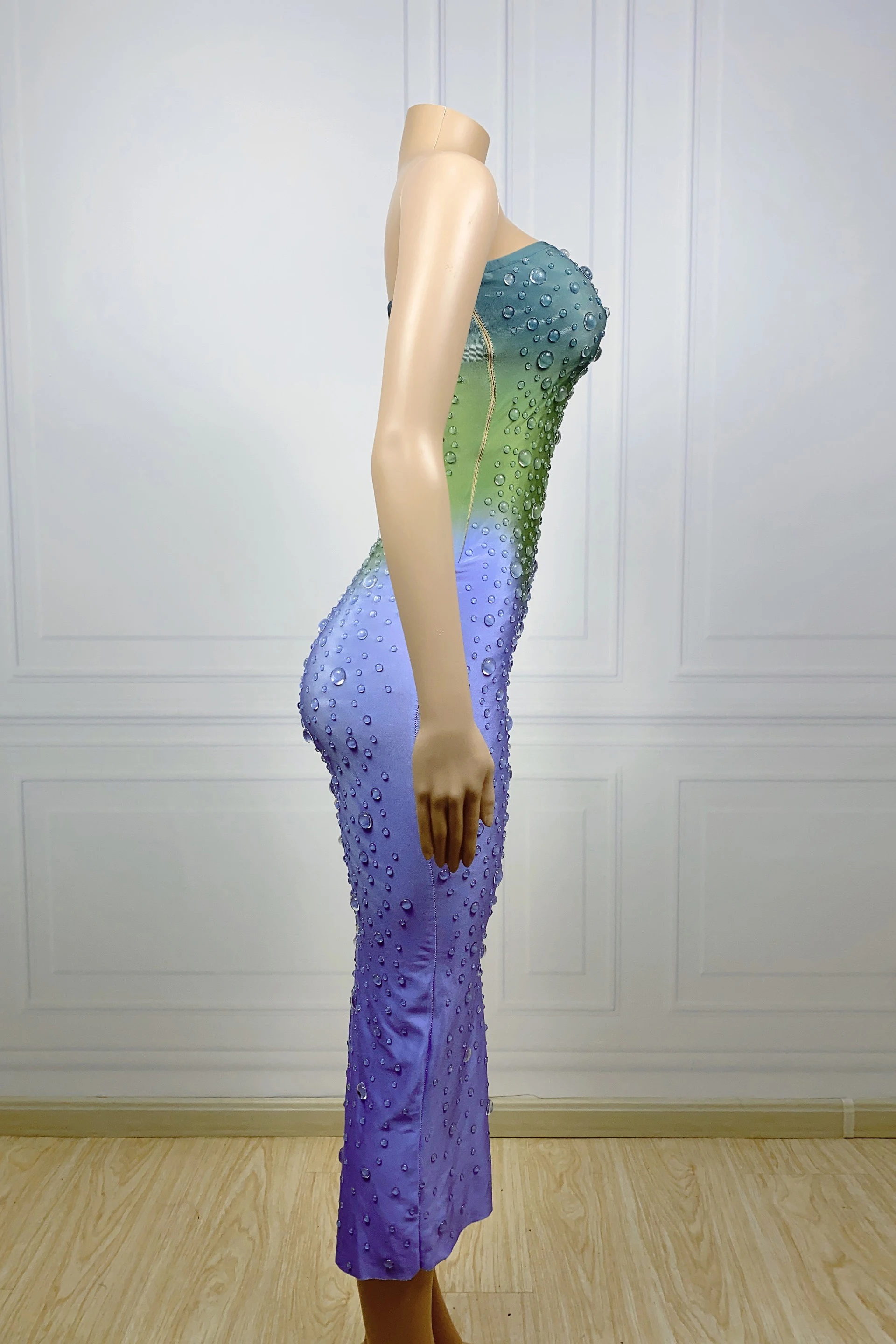 생일 축하 실버 라인스톤투명 블루 메쉬 드레스 여성 댄서쇼 이브닝 의상 프로 파티