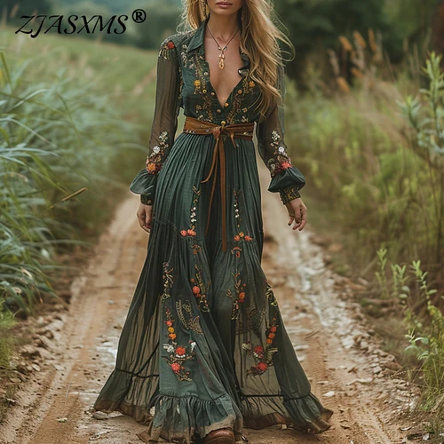 Vestido largo plisado con estampado Floral Retro étnico, vestido Sexy de primavera con cuello de camisa y botones, vestido de fiesta para mujer, vestido Maxi bohe de manga larga para otoño
