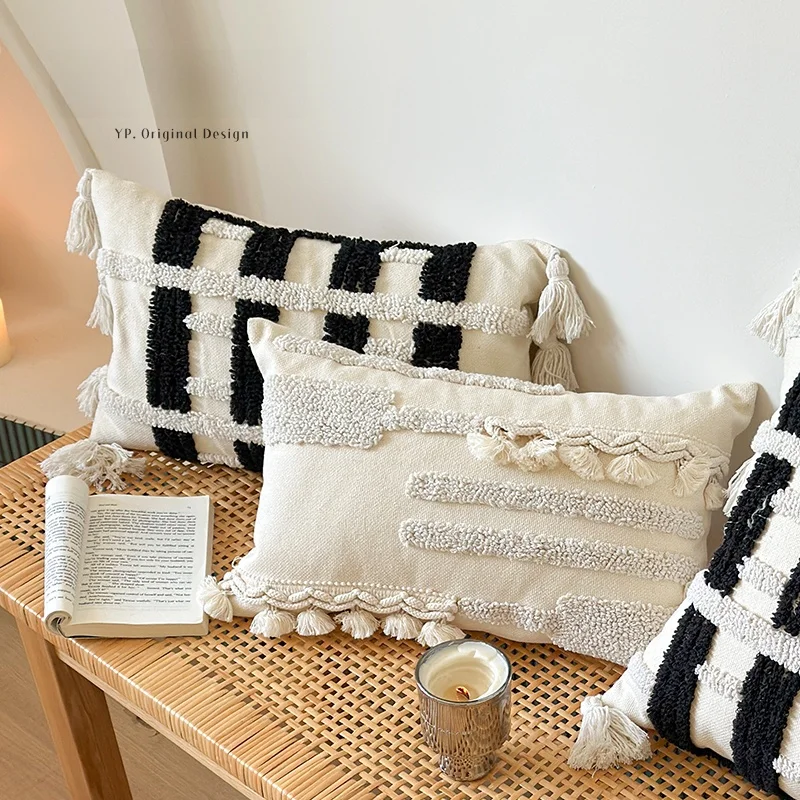 

Black White Circle Flocking Pillow Living Room Sofa Bedding Decorative Square Home Use Washable Canvas Geometric Pattern