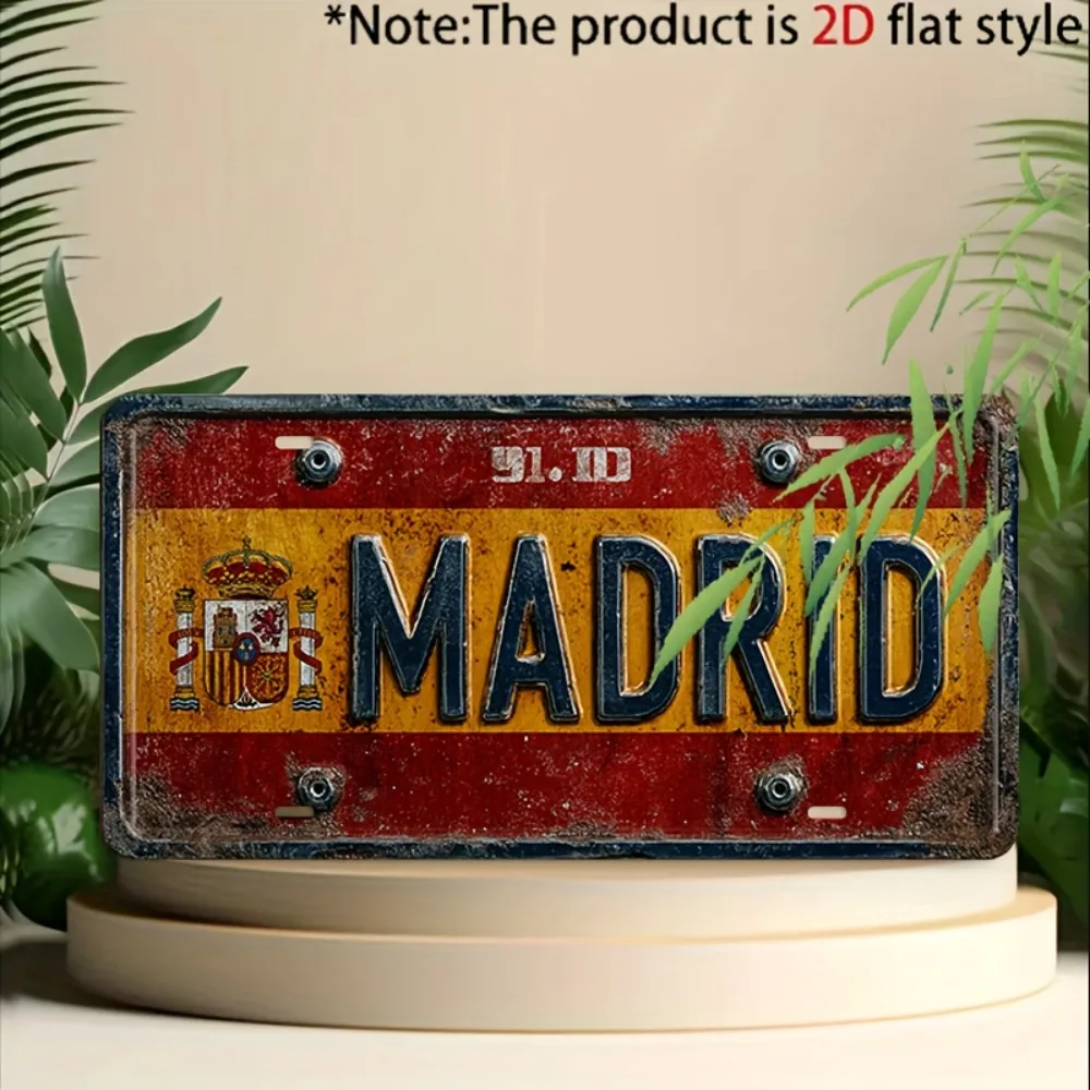 Placa de Metal Retrô Madrid, Decoração Vintage para Garagem, Bar, Arte de Parede em Metal para Casa