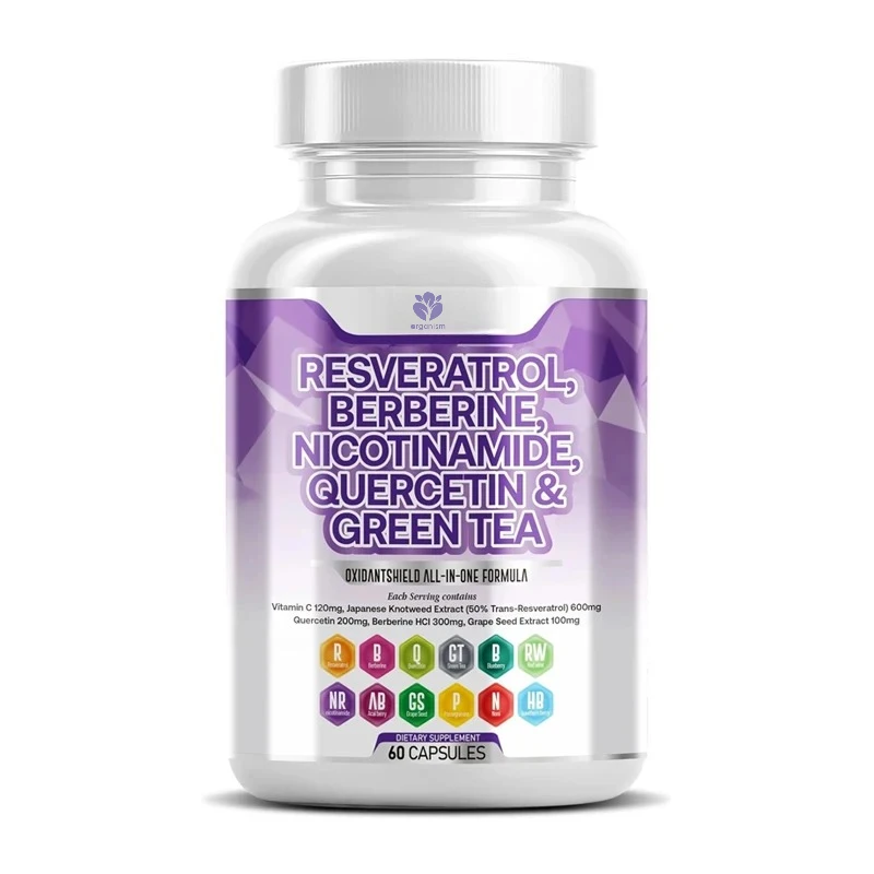 

Resveratrol and berberine complex, containing quercetin, grape seeds, green tea, vitamin C, and nicotinamide nucleoside