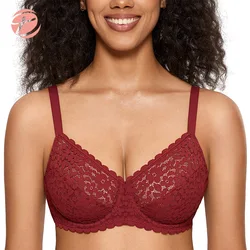 DOBREVA Women's Unlined Floral Lace Minimizer Bra Plus Size Transparent Underwire Full Coverage Bralette