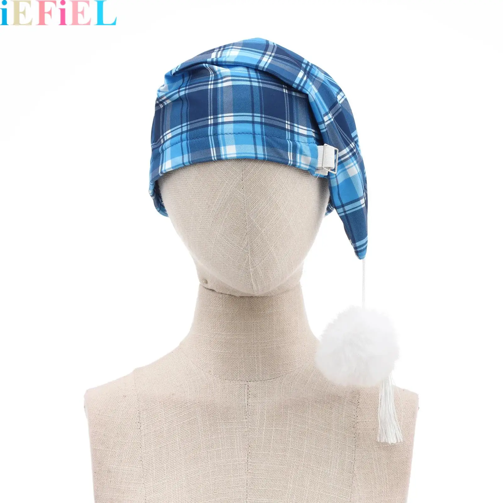 Men Christmas Hat Adjustable Plaid Sleeping Night Stocking Cap Hat with Pom Ball And Tassel for Daily Nightwear Sleepwear