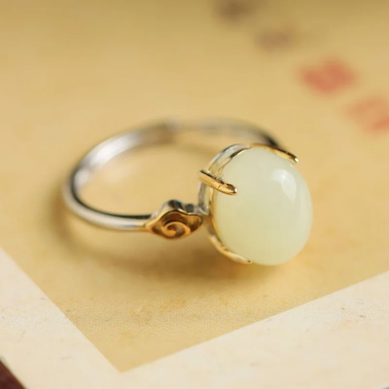 

Hetian Jade S925 Silver Cabochon Cloud Pattern Adjustable Ring