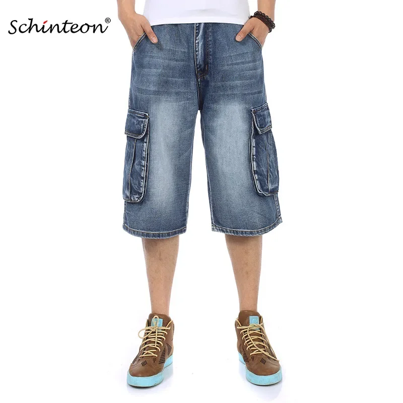 

Schinteon European Plus Size Men Denim Cargo Shorts Multi Pockets Jean Baggy Calf-Length Pants 42 44 46