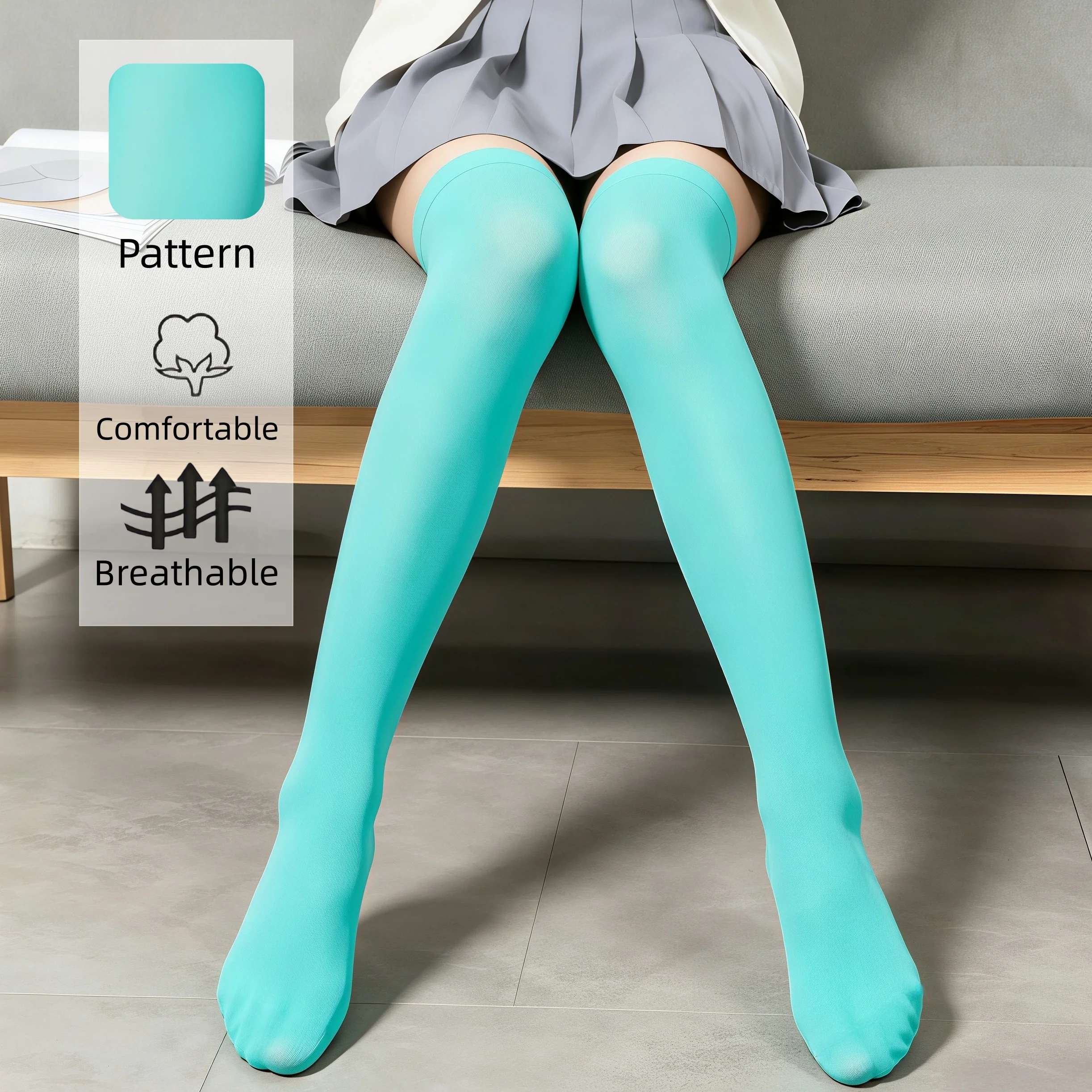 Einfarbige türkisfarbene Oberschenkelhohe Socken für Damen, blickdichte lange Overknee-Socken, bequeme, atmungsaktive, dehnbare Strümpfe – Detail 6