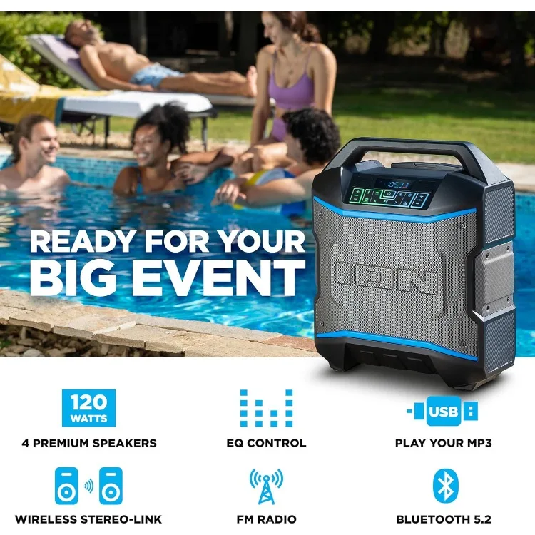 Portable Bluetooth Outdoor Party Speaker with Karaoke Microphone, Battery, 4 Speakers, Radio, USB Port, App, Water-Resistant,