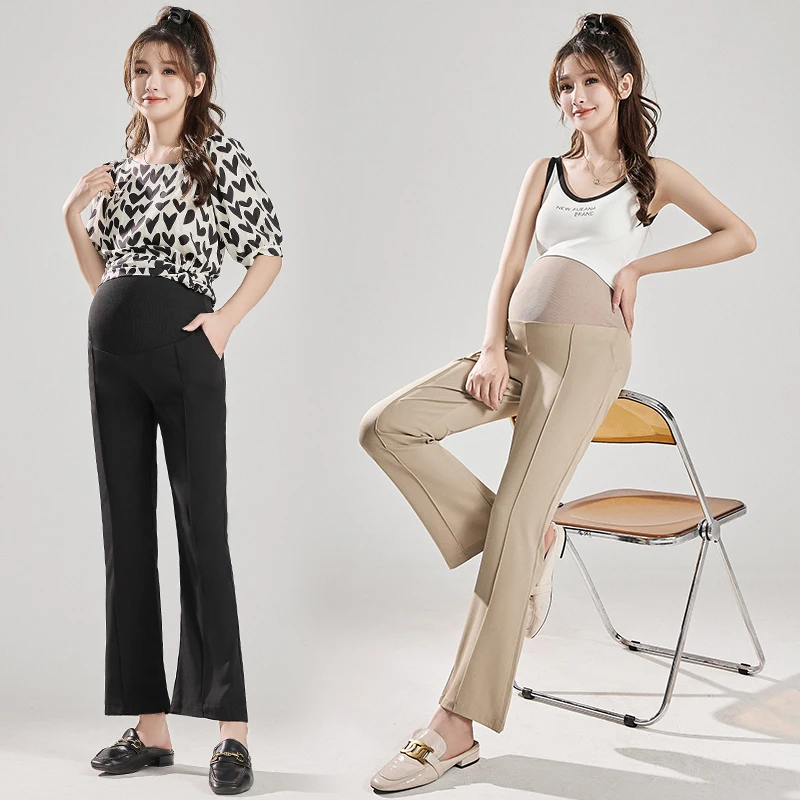 

Summer Pregnant Woman Casual Pants Middle Striped Adjustable High Waist Maternity Bellly Trousers Long Loose Pregnancy Boot Cut