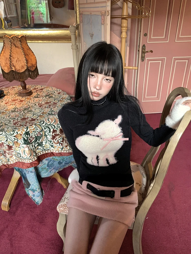 2023 Winter Japanese Style Print Knitted Sweater + Pink Slim Mini Skirt Casual Kawaii 2 Piece Set Cute Fashion Clothing Woman