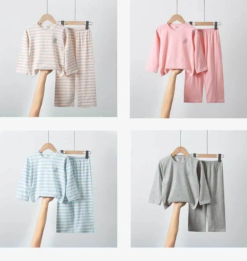 Sommerliche, atmungsaktive Kinder-Loungewear aus reiner Baumwolle, Set mit langen Ärmeln und Hosen für Mädchen und Jungen, Baby-Klimaanlagenkleidung, Schlafanzug. – Detail 3