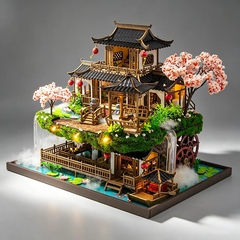 Chinese Style Courtyard DIY Dollhouse Kit Wooden Assembly with LED Lights Ancient Waterwheel Design Desktop Decor Handcraft Gift