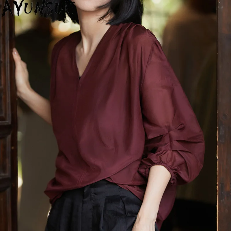 

AYUNSUE Silk and Cotton Women's Blouses and Shirts Stylish V-neck Tops for Woman Half Sleeve Summer Clothes for Woman Блузка