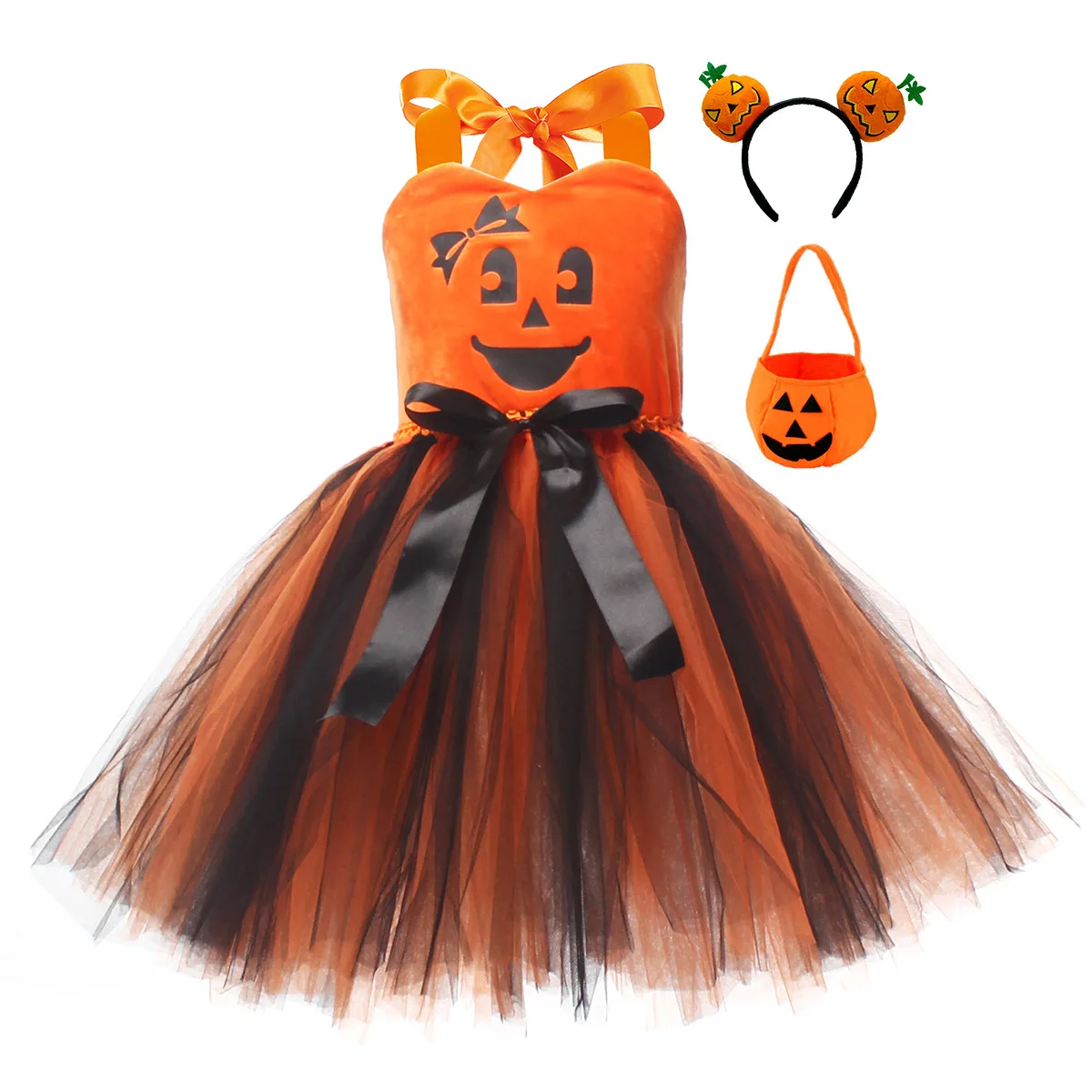 

Fluffy Tulle Orange Witch Dress Festival Children Halloween Cosplay Masquerade Party Pumpkin Evil Vampire Costume