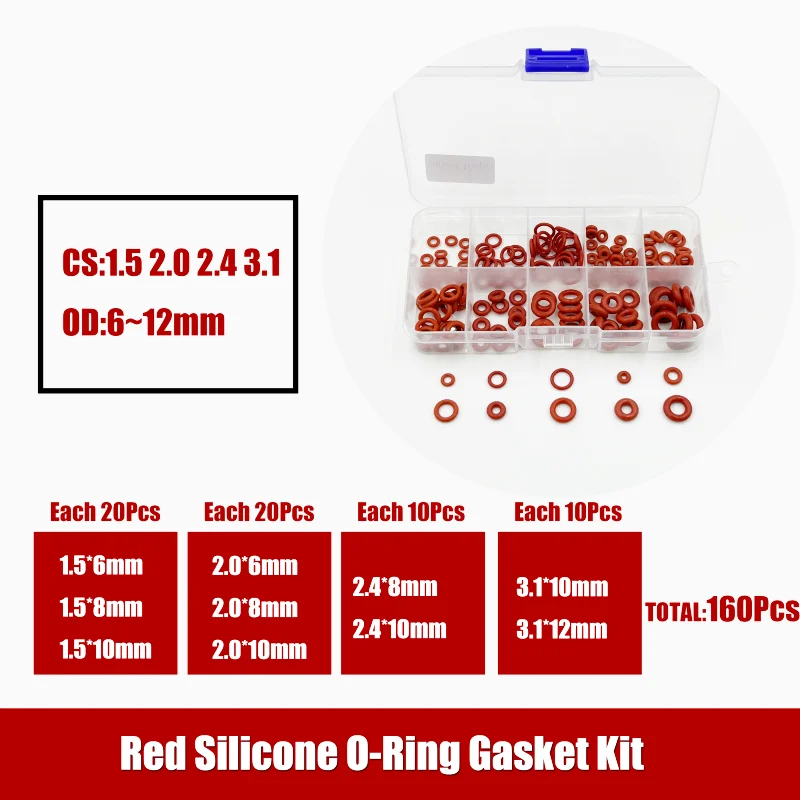 O-Ring in Silicone rosso spessore 1.5/2/2.4/3.1mm Kit guarnizioni per rondella di tenuta VMQ con isolamento ad alta temperatura resistente all'olio impermeabile