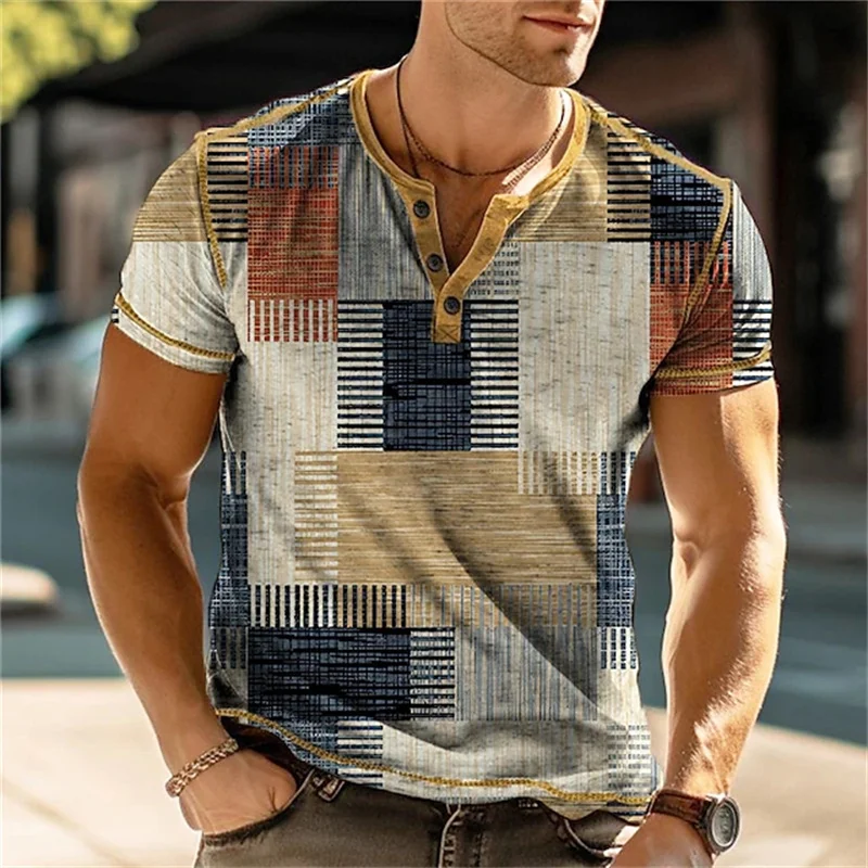 Summer 3D Printed Men\'s Button T Shirt Retro Patchwork Pattern Cool Breathable Short Sleeve Trendy Casual T Shirt Oversized Top