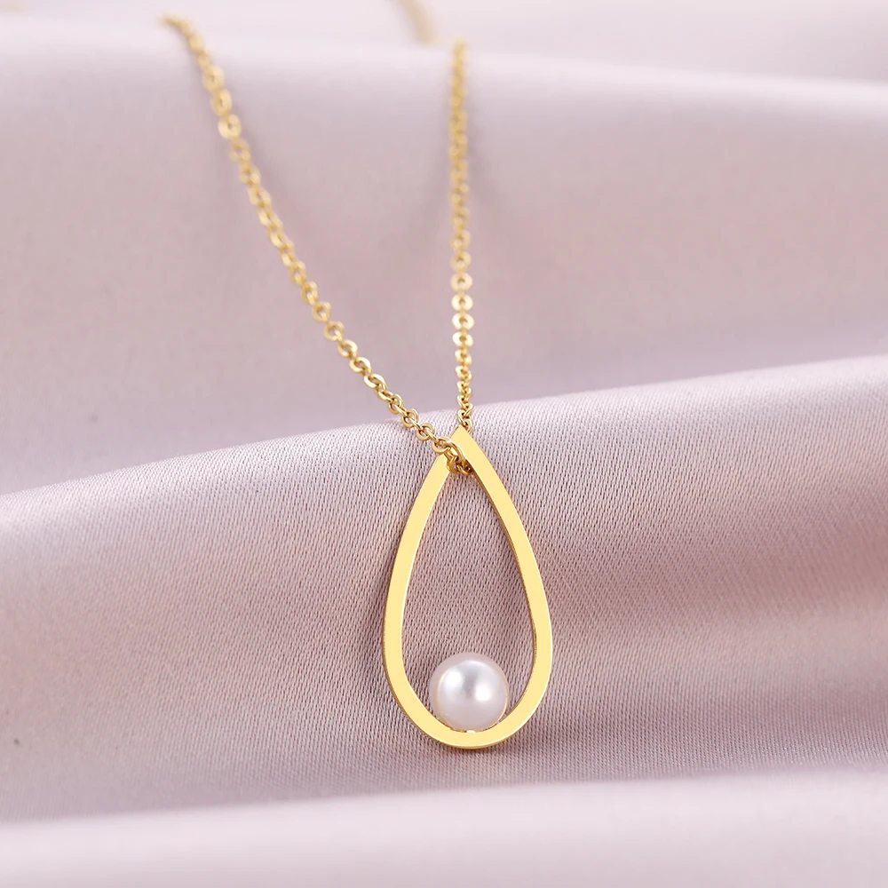 Stainless Steel Necklaces Simple Water Drop Imitation Pearl Pendants Chain Choker Fashion Necklace For Women Jewelry Party Gifts