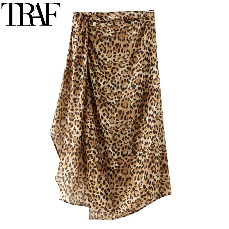 

TRAF Leopard Wrap Skirt Women Ruched Print Long Skirts For Women Vintage Knot Summer Midi Skirt Pareo Beach Women's Skirts