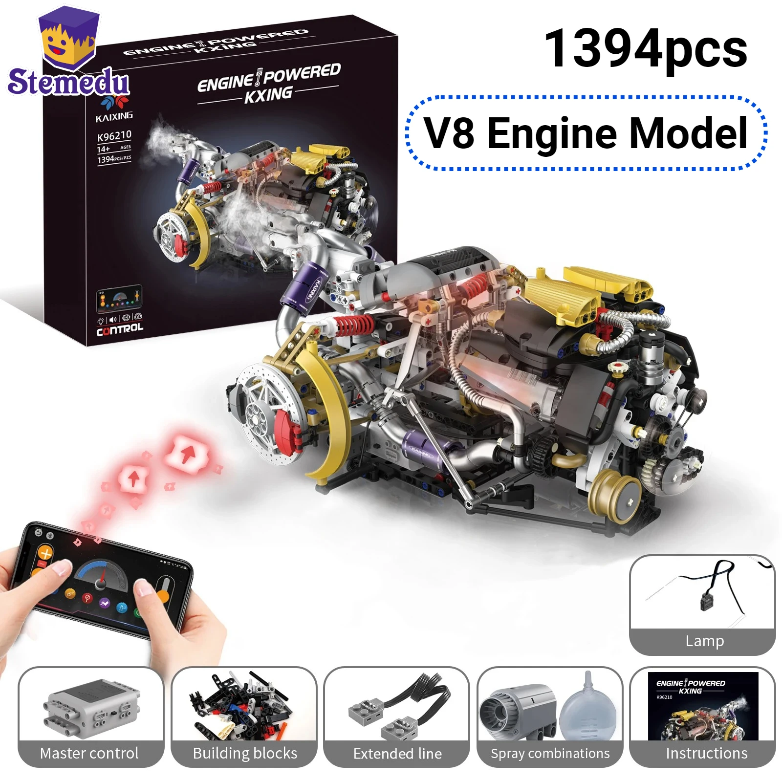 

K96210 Pagani Simulation V8 Engine Building Block Model 1394PCS APP-Programmable LED Light Version Collector DIY Kit