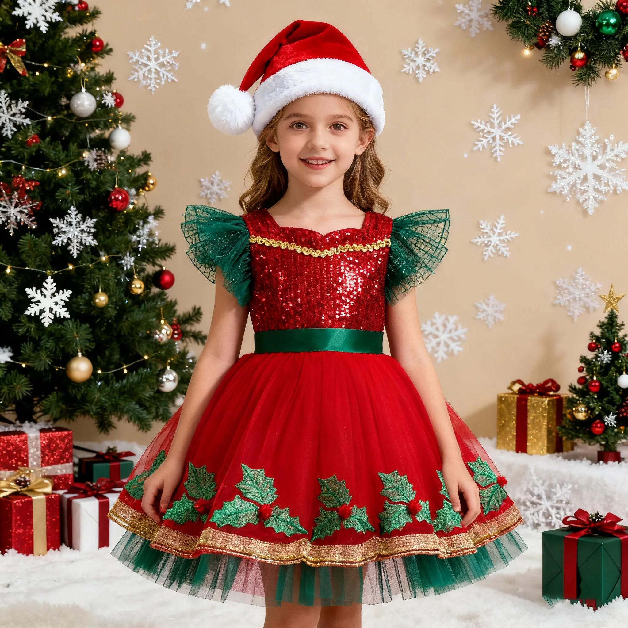 

Рождественские платья для девочек, платье принцессы, детское красное и зеленое сетчатое платье с блестками для выпускного вечера, карнавальный фестиваль, детская одежда