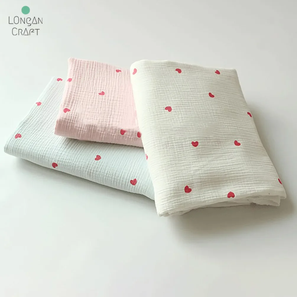 Longan Craft Supplies Soft Heart Print Cotton Sewing Fabric Crepe Double Layer Gauze Cloth Diy Towel Material