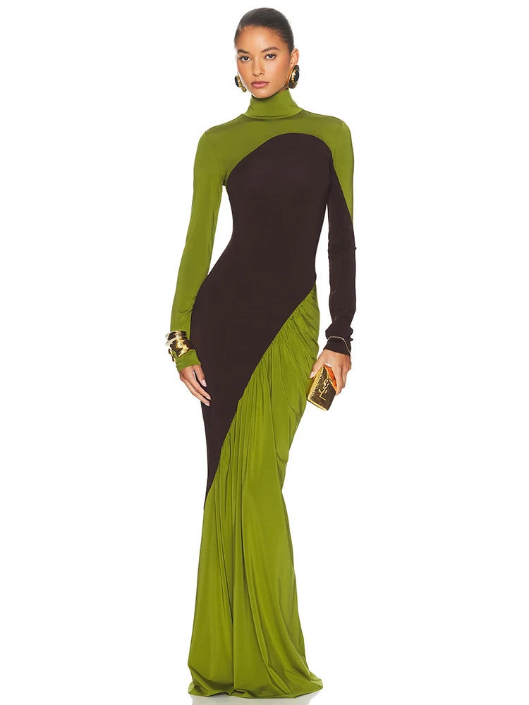 

Mozision Patchwork Turtleneck Pleated Sexy Maxi Dress Women Fashion Autumn Winter Long Sleeve High Waist Long Dresses Ladies