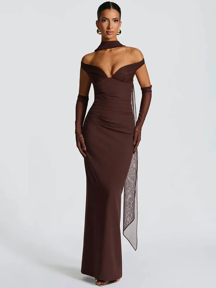 

Scarf Collar Off-shoulder Sexy Maxi Dress Women Gown Fashion With Sleeve Strapless Backless Club Party Long Dresses