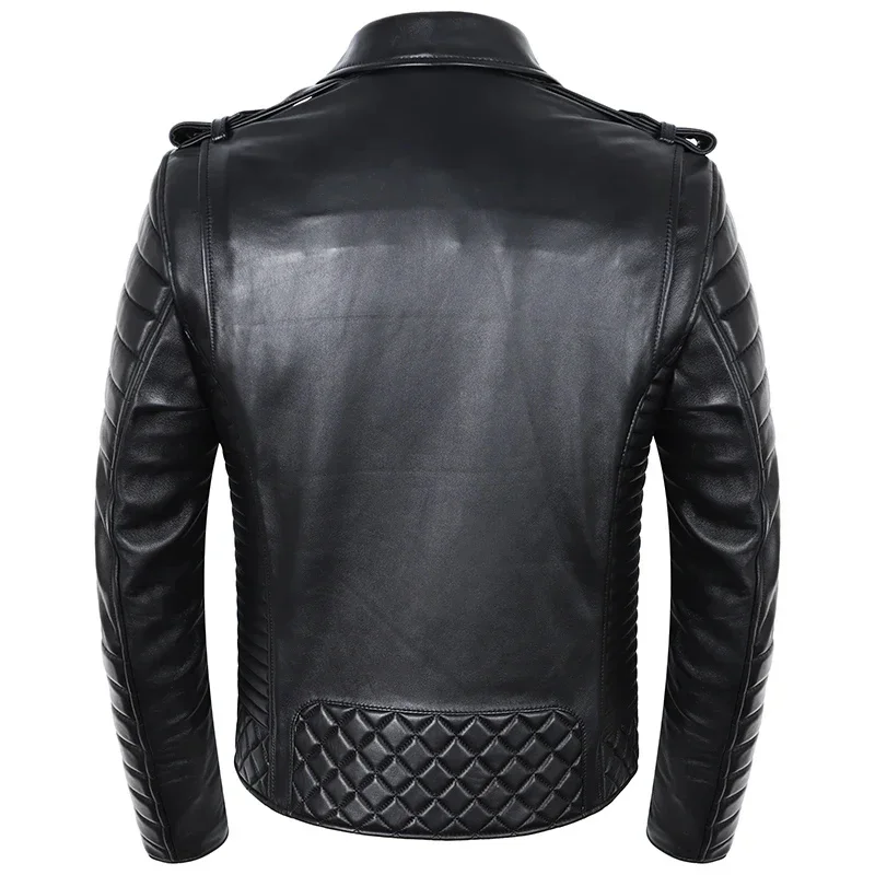 Perfecto-Veste en cuir de mouton véritable pour homme, manteau de motard moulant noir, manteau masculin mince, automne, printemps, nouveau, 2025