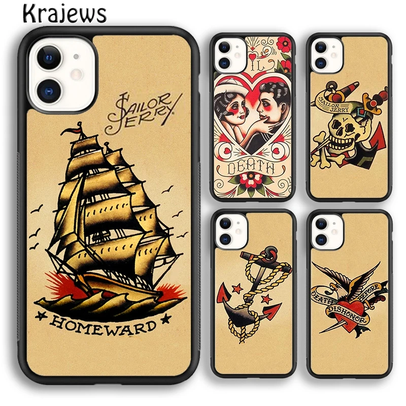 Krajews Sailor Jerry Tatoo Mermaid Phone Case Cover For iPhone 16 15 14 plus XS XR 11 12 mini 13 pro max coque Fundas