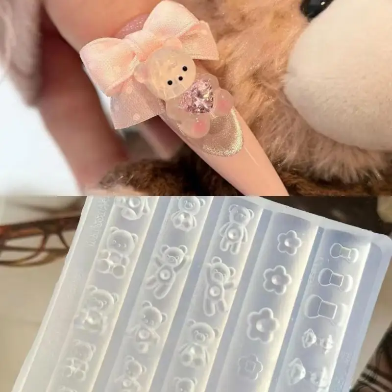 *3D Cartoon Bear Flower Bow Nail Mold Transparent Nail Templates DIY Nail Art Decoration Manicure Design Tool Nail Carving Mold