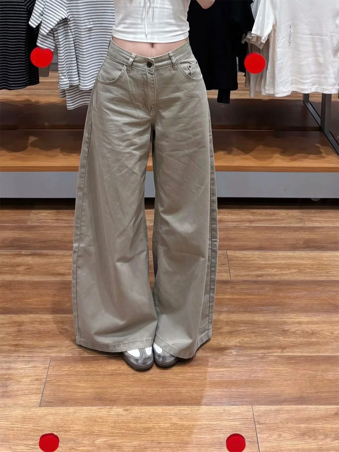Khaki Washed High Waist Wide Leg Jeans Straight Cut Loose Fit Slimming Effect Casual High Waist Bootcut Denim Pants