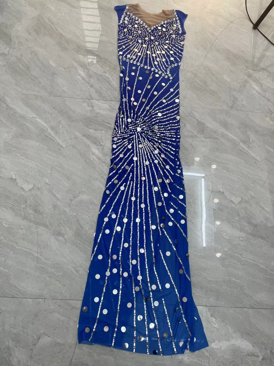 Lange Abendkleider elegante lange Stil hohe Schlitz funkelnden Silber Pailletten Kleid blaue Frauen formelle Abendkleider Lanwen