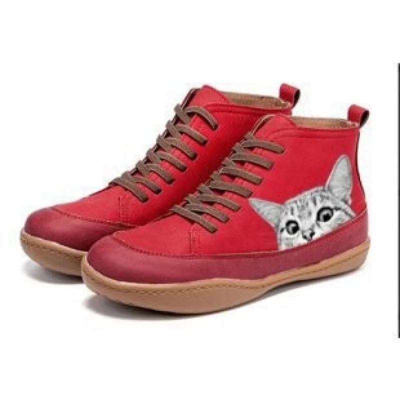 Sepatu bot wanita model Eropa dan Amerika tahun 2025, nyaman, ujung bulat besar, sepatu bot pendek, motif cetak kucing 2025