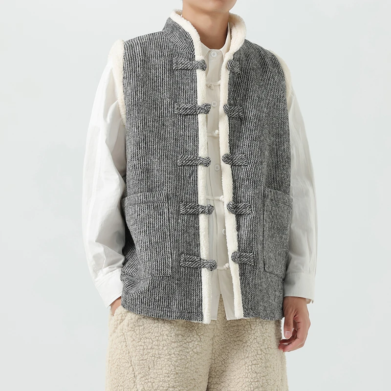 

2025 Winter Men Loose Thick Cotton Padded Jacket Men Retro Fur Collar Vest Chinese Style Patchwork Vests Male Hanfu Waistcoats