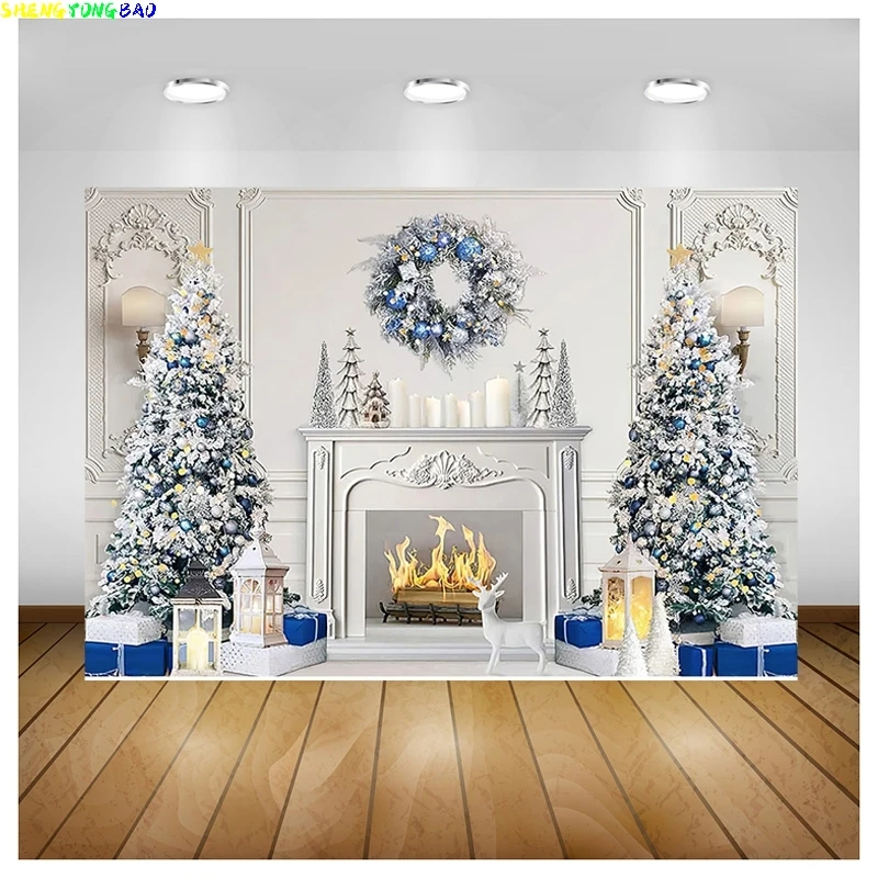

Vinyl Custom Christmas Tree Window Wreath Photography Backdrop Wooden Doors Snowman Cinema Pine New Year Background Prop TNB-04