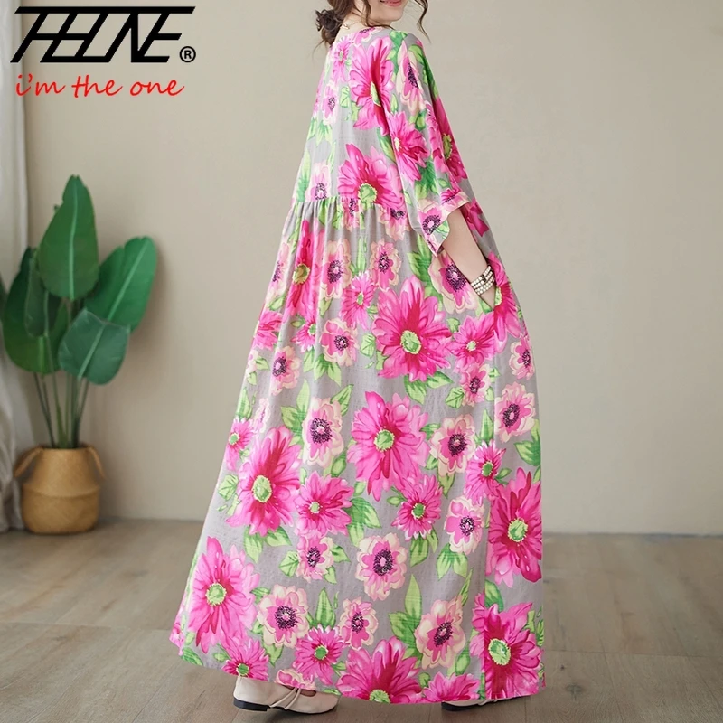 Thhone Vestidos Para Mujer Bohemian Print Maxi Lange Jurk Voor Vrouwen 2024 Bloemen Casual Katoen Linnen Losse Vintage Gewaad Jurken