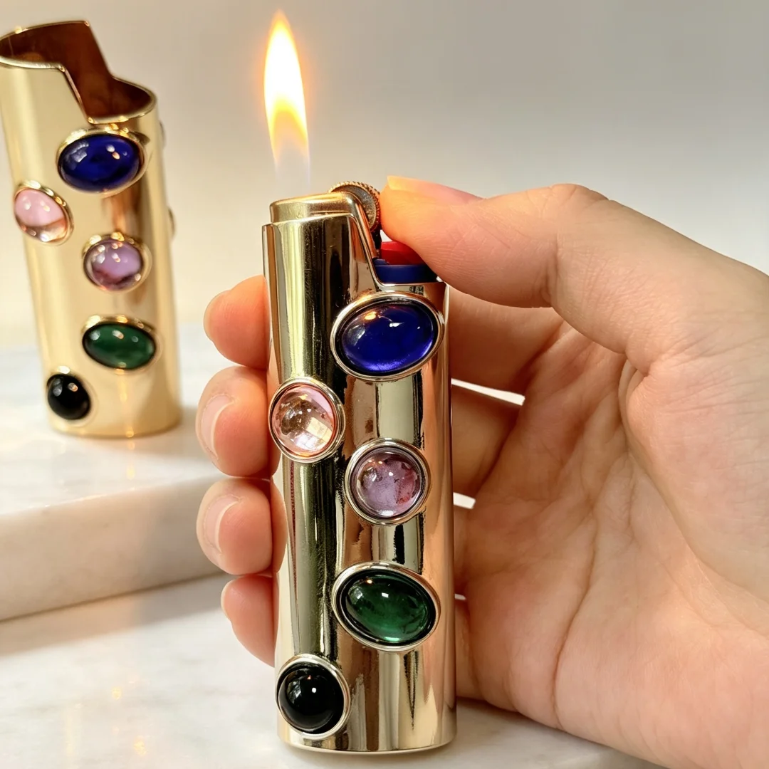 Colorful Gem Inlaid Zinc Alloy Lighter Case Vintage Polished Metal Protective Shell Compatible with BIC J6 view 3