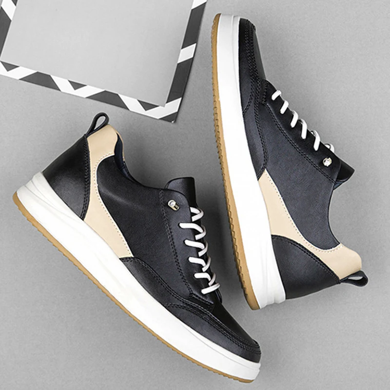 Genuine Leather Shoes Leisure Men Lift Height Increase Insole White Chunky Sneakers Comfortable Breathable Sports Running Shoes
