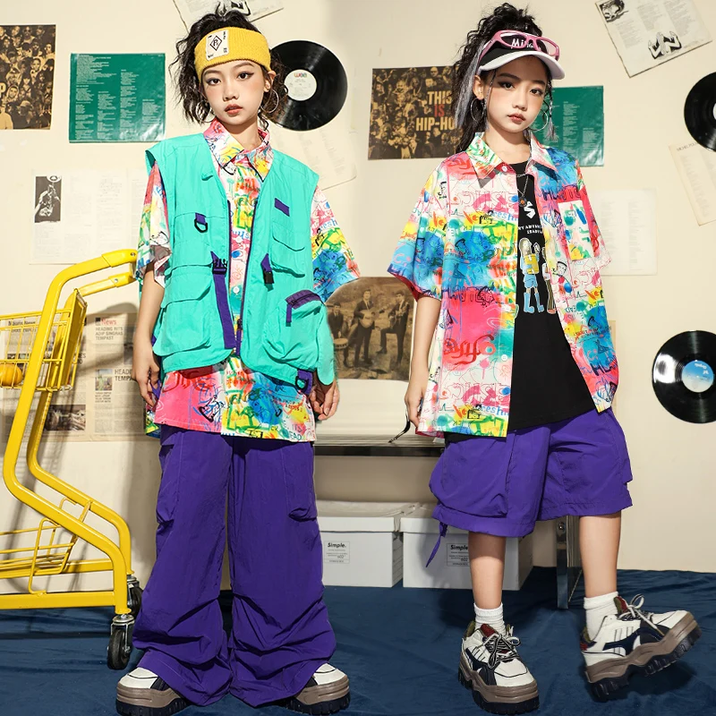 Kids Vintage Print Shirt e Street Wear Vestuário, Meninas, Meninos, Tops, Carga, Roxo, Calças Hip Hop, Criança, Roupas de dança Jazz
