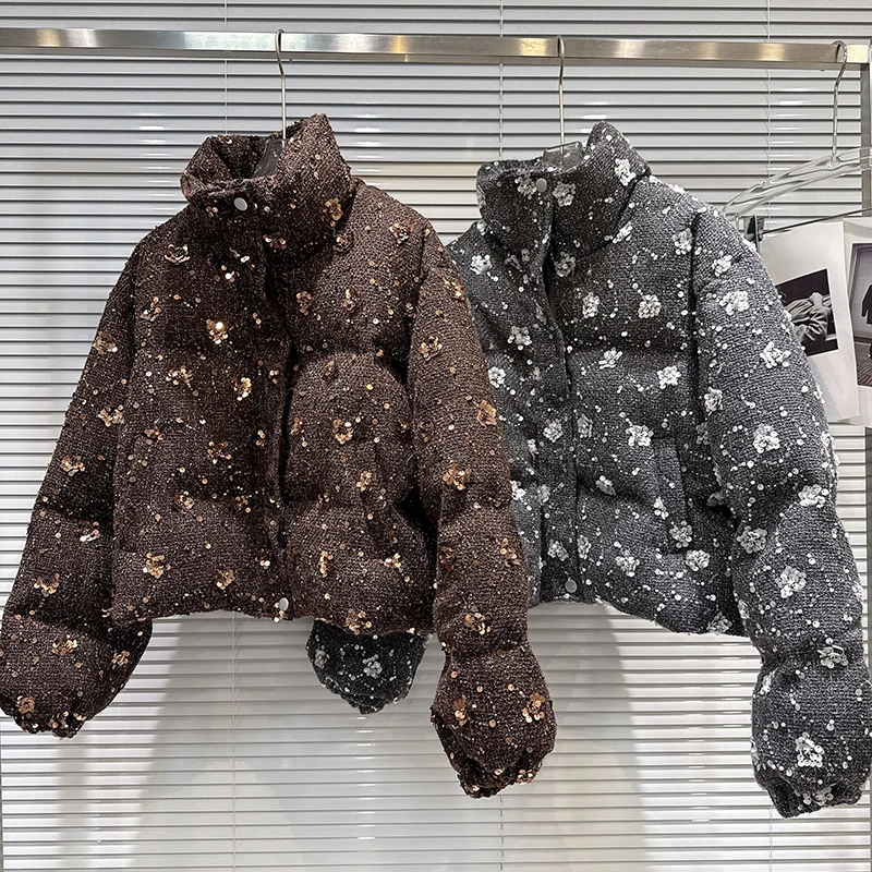 

2025 Winter New Small Fragrant Style Bead Flower Coarse Flower Coarse Hemp Breadms Cotton Jacket Women's Cotton Coat