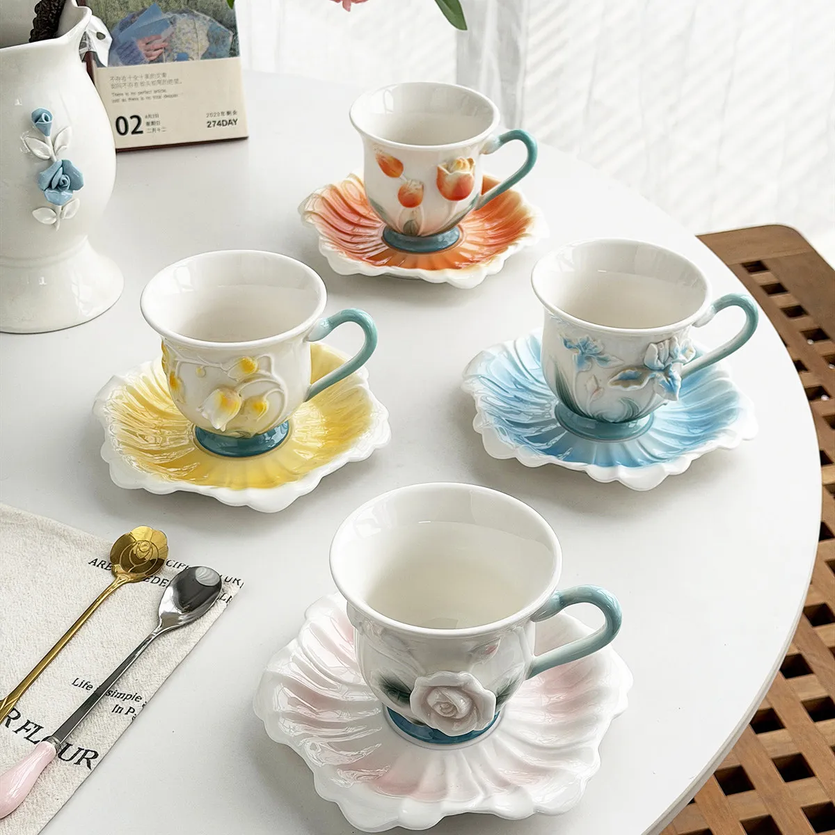 French heavy craftsmanship three-dimensional relief flower hand-painted ceramic coffee cups and plates