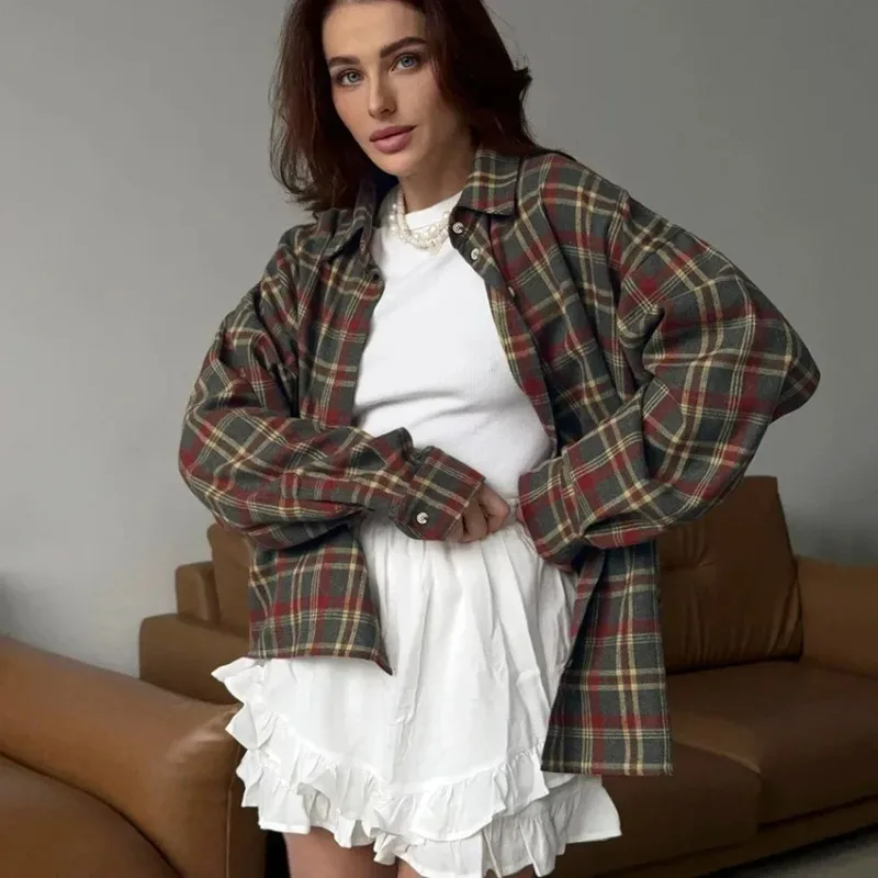 

Summer Oversized Plaid Long-sleeve Shirts Women Retro Style Casual Loose Lapel Jackets Top Female Single Breasted Blouses Women