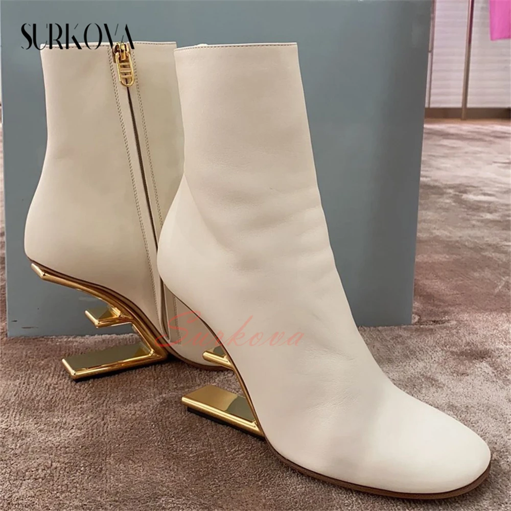 2023 New Arrival Hollow Shaped Heel Ankle Boots Women's Round Toe Side Zip Leather Boots Solid Color Modern Concise Ankle Boots