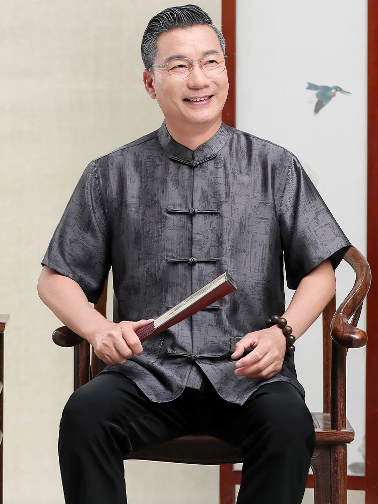 silk-ice-fabric-short-sleeve-men's-set-lightweight-summer-clothing-for-middle-aged-and-elderly-fathers-and-grandfathers